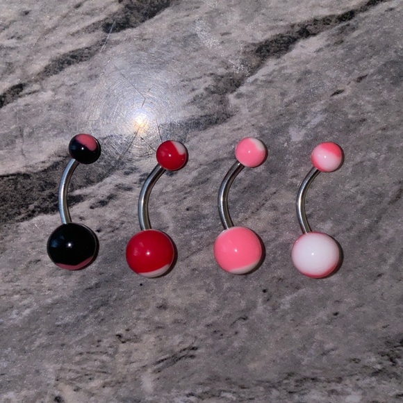 4 Belly Button Ring Set Heart Set Black Pink - Picture 1 of 3